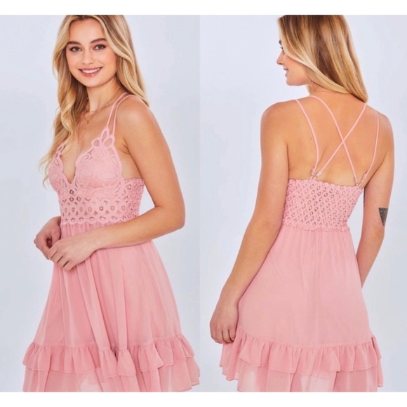 1 LEFT! Blush Tiered Lined Lace Cami Top Adjustable Back Shirred Dress - Picture 4 of 7
